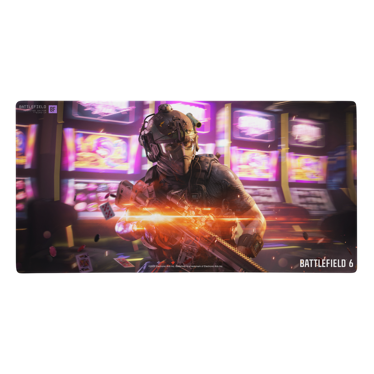 A rectangular gaming playmat featuring artwork from Battlefield 6, showing a soldier in tactical gear firing a rifle with an orange muzzle flash in front of neon-lit casino slot machines. The Battlefield 6 logo is visible in the bottom right corner.