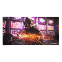 A rectangular gaming playmat featuring artwork from Battlefield 6, showing a soldier in tactical gear firing a rifle with an orange muzzle flash in front of neon-lit casino slot machines. The Battlefield 6 logo is visible in the bottom right corner.
