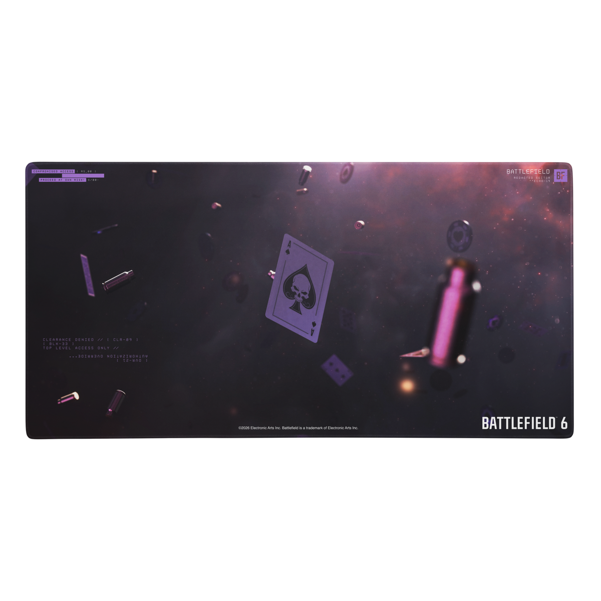 A large rectangular gaming desk mat featuring Battlefield 6 themed artwork with a dark purple and black cosmic background, floating playing cards, and bullet casings, shown on a plain white background.
