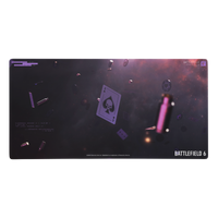 A large rectangular gaming desk mat featuring Battlefield 6 themed artwork with a dark purple and black cosmic background, floating playing cards, and bullet casings, shown on a plain white background.