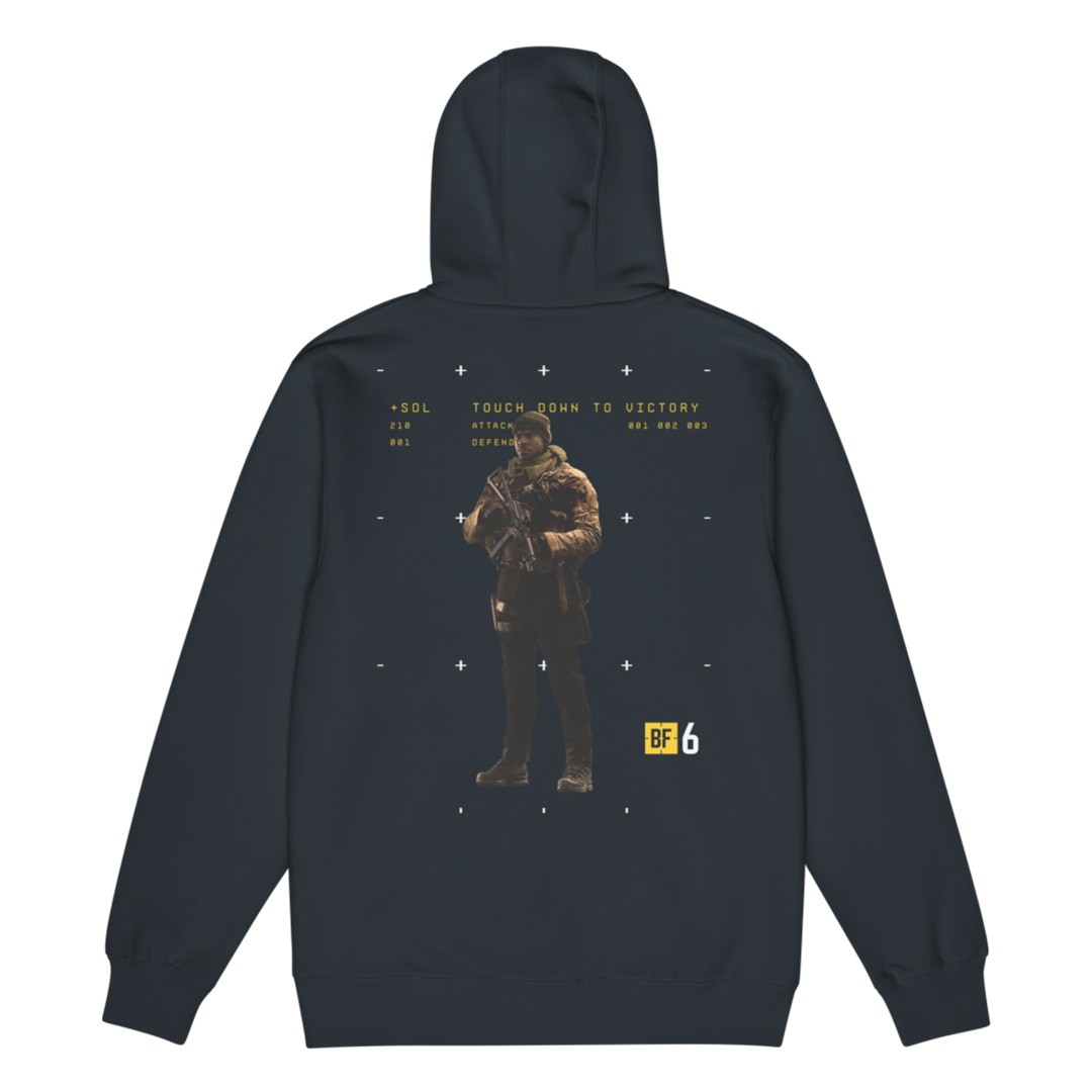 Black hoodie with graphic design on the back featuring a person in military attire and text, on a white background.