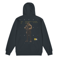 Black hoodie with graphic design on the back featuring a person in military attire and text, on a white background.