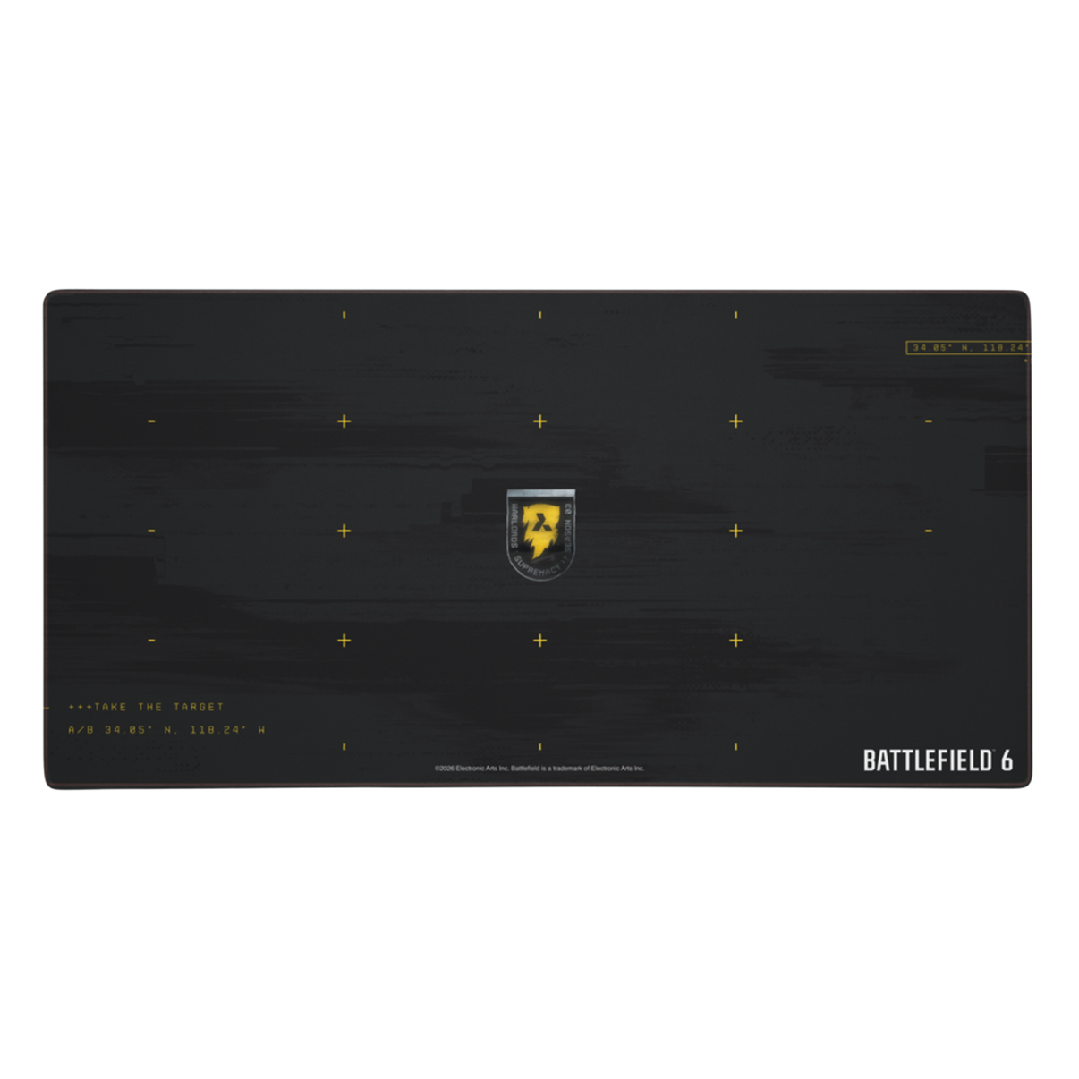 Gaming mouse pad with 'Battlefield 6' logo and design elements on a black background