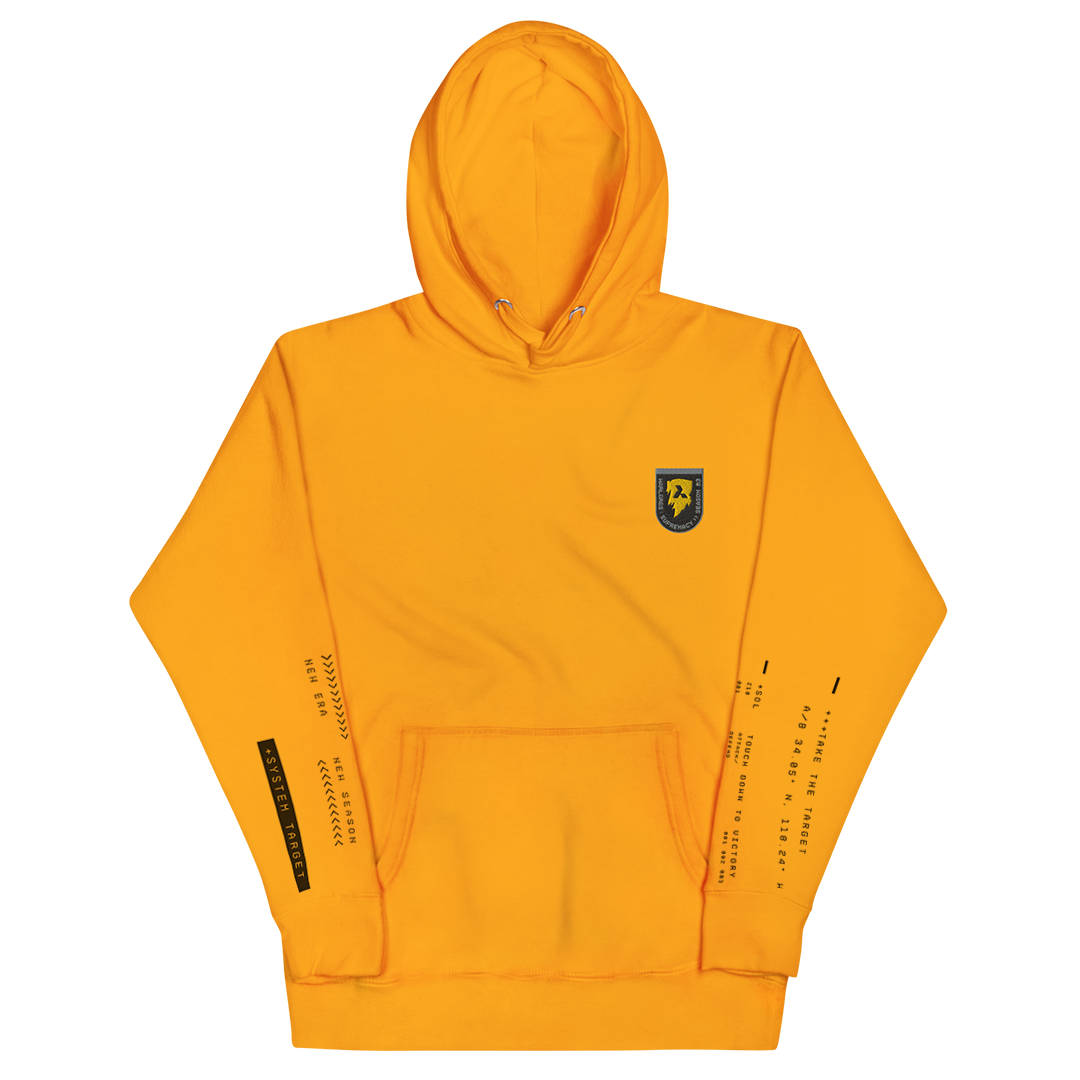Orange hoodie with a logo on a white background