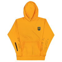 Orange hoodie with a logo on a white background