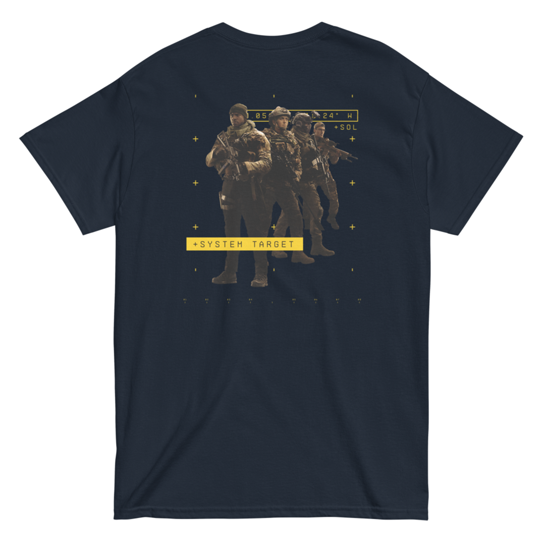 Black t-shirt with graphic design of three figures and 'Sister Target' text on a white background