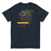 Black t-shirt with graphic design of three figures and 'Sister Target' text on a white background
