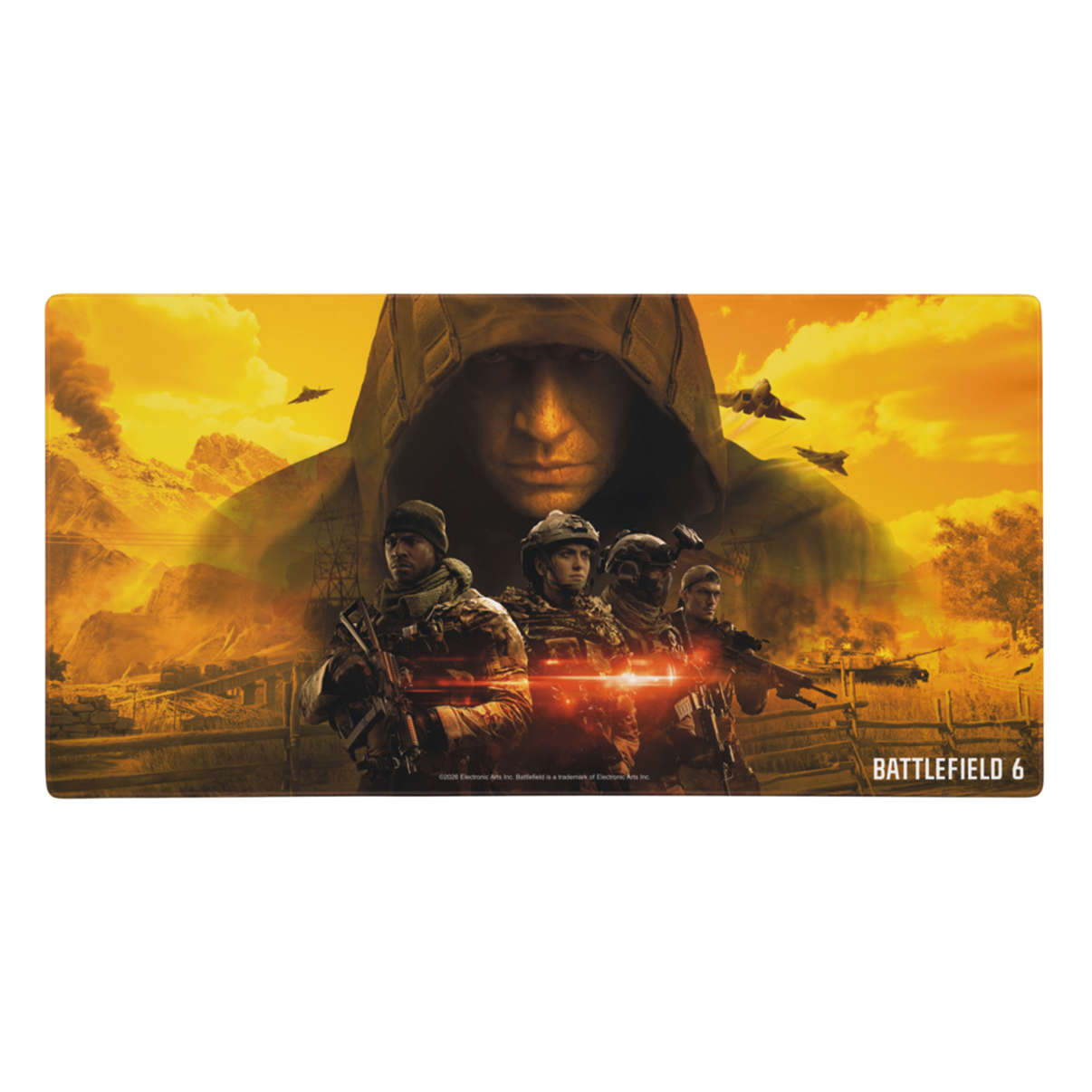 Promotional poster for 'Battlefield 6' with soldiers and a large figure in the background.