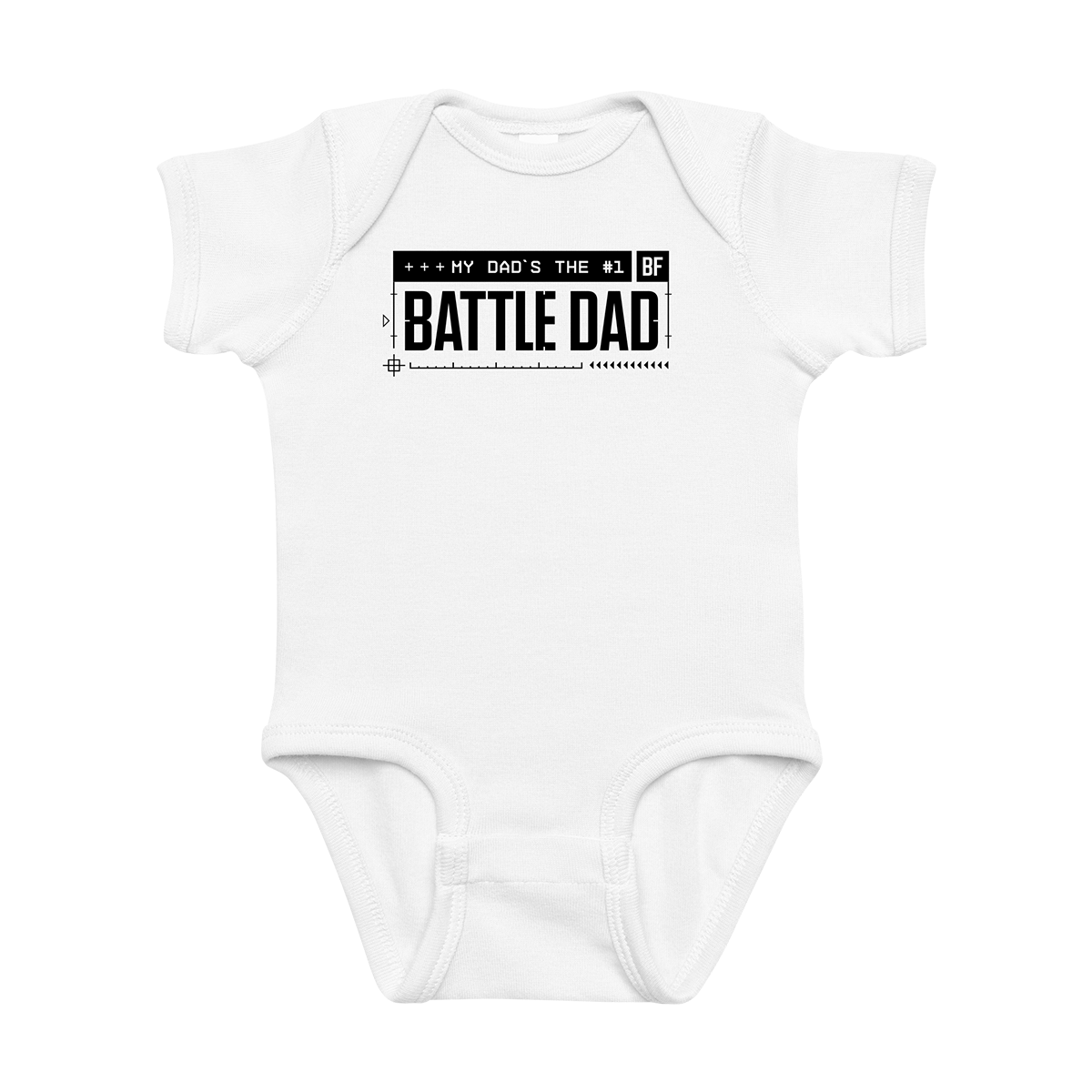 White baby onesie with text design on a white background