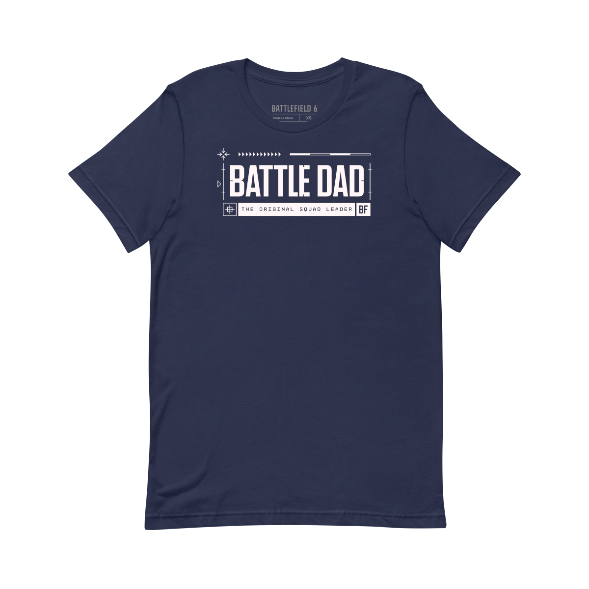 Navy blue t-shirt with 'BATTLE DAD' text on a white background