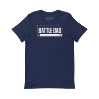 Navy blue t-shirt with 'BATTLE DAD' text on a white background
