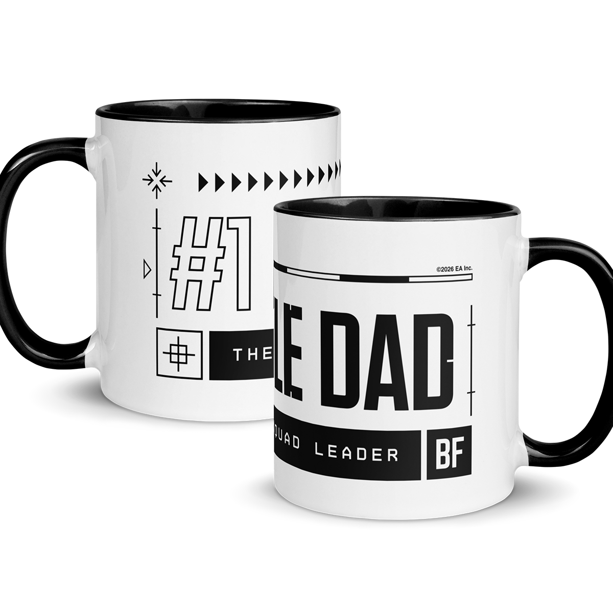 Two white mugs with black interior and handle, featuring text and design elements.