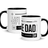 Two white mugs with black interior and handle, featuring text and design elements.