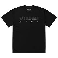 Black t-shirt with 'BATTLEFIELD' logo and symbols on a white background