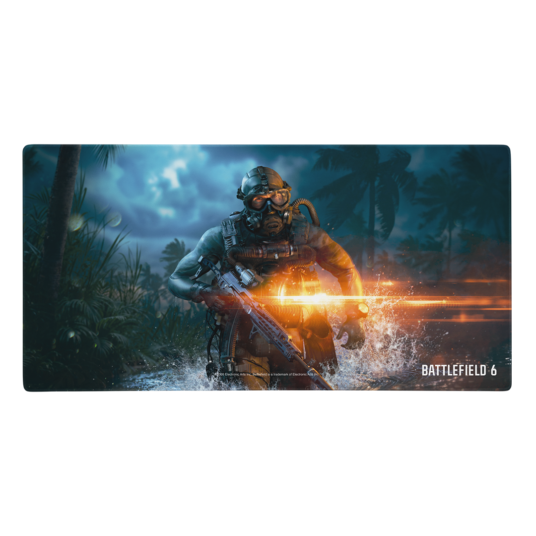 Battlefield 6 gaming mat featuring a soldier in a jungle environment with a bright orange muzzle flash, on a white background.