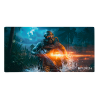 Battlefield 6 gaming mat featuring a soldier in a jungle environment with a bright orange muzzle flash, on a white background.