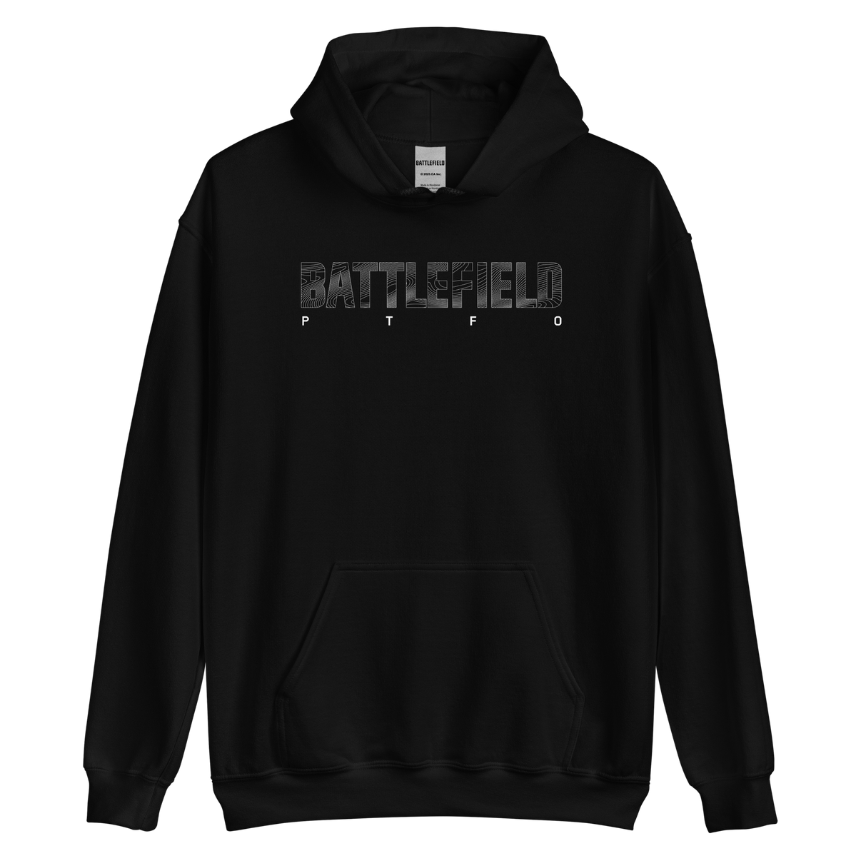 Black hoodie with 'BATTLEFIELD' text on a white background