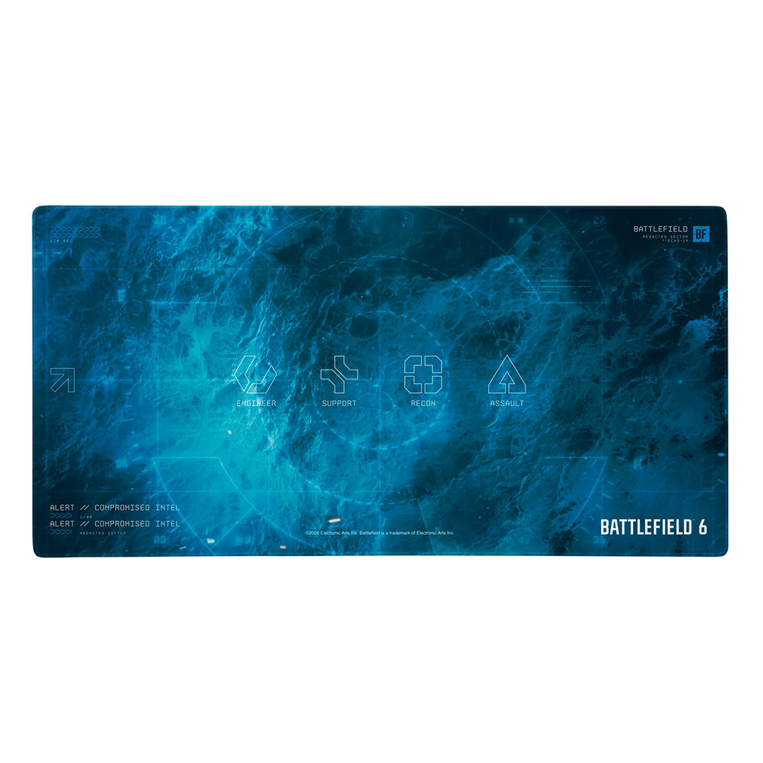A rectangular gaming desk mat featuring a blue digital map design from Battlefield 6, with white tactical icons and text, shown against a plain white background.