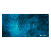 A rectangular gaming desk mat featuring a blue digital map design from Battlefield 6, with white tactical icons and text, shown against a plain white background.