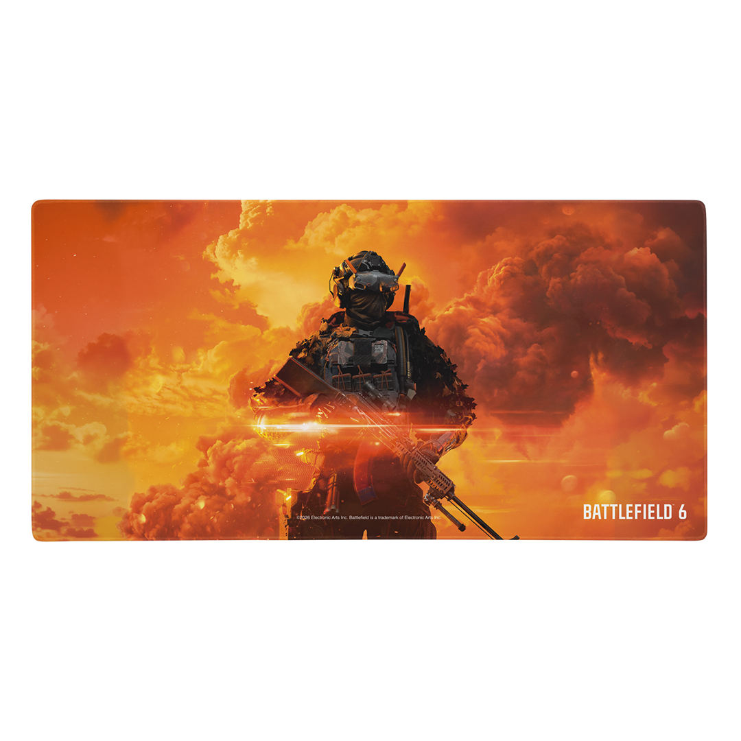 Battlefield 6 gaming mat featuring a soldier silhouette against a dramatic orange and red sunset sky, with the Battlefield 6 logo in the bottom right corner.