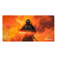 Battlefield 6 gaming mat featuring a soldier silhouette against a dramatic orange and red sunset sky, with the Battlefield 6 logo in the bottom right corner.