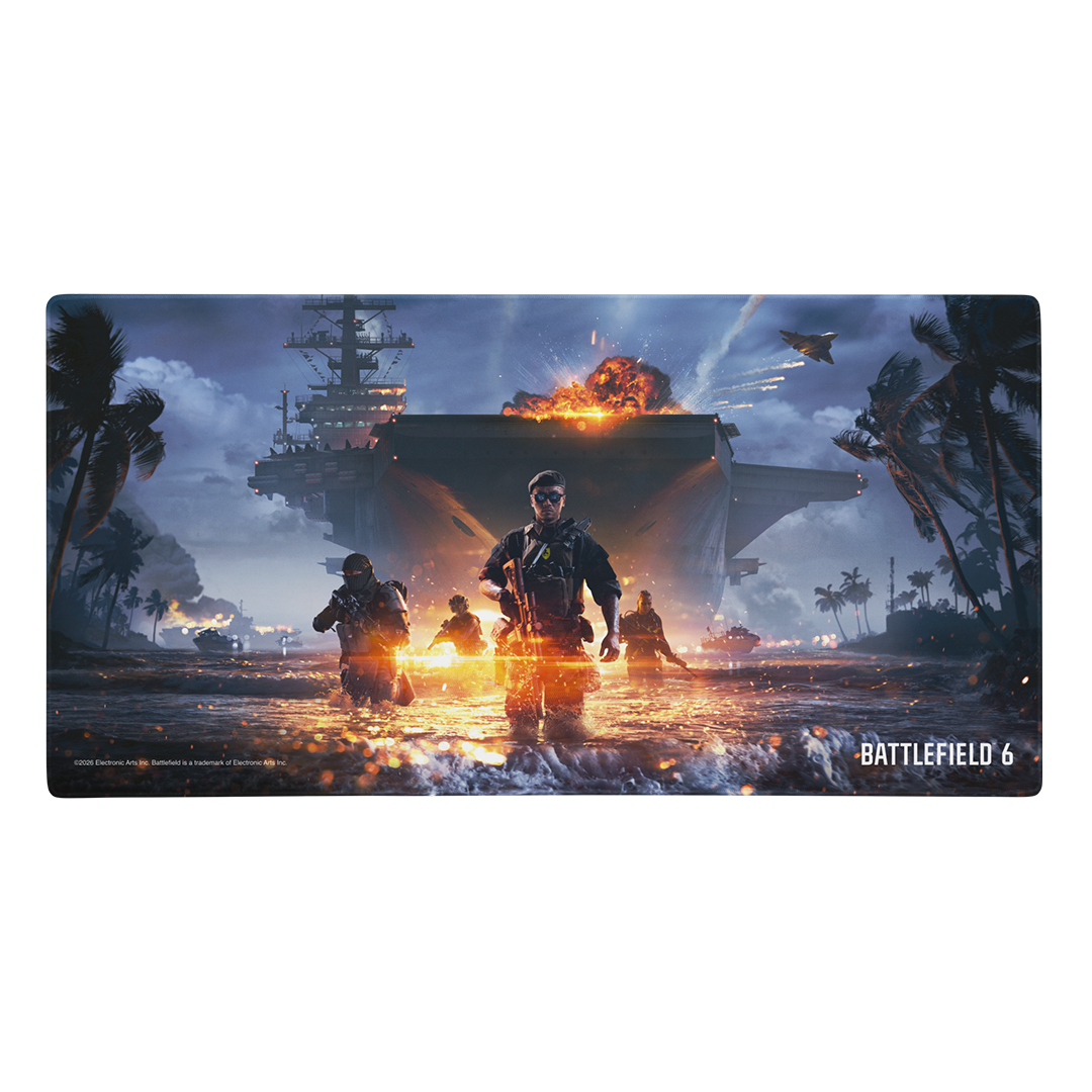 A rectangular Battlefield 6 gaming mat featuring a dramatic military scene with soldiers in the foreground, a burning aircraft carrier, and tropical palm trees under a smoky blue sky. The Battlefield 6 logo is visible in the bottom right corner.