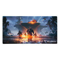 A rectangular Battlefield 6 gaming mat featuring a dramatic military scene with soldiers in the foreground, a burning aircraft carrier, and tropical palm trees under a smoky blue sky. The Battlefield 6 logo is visible in the bottom right corner.